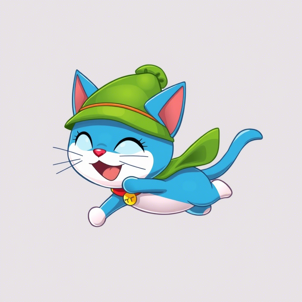 蓝色猫咪，长得像瘦子版的多啦A梦，带个绿帽子，穿个披风，在飞